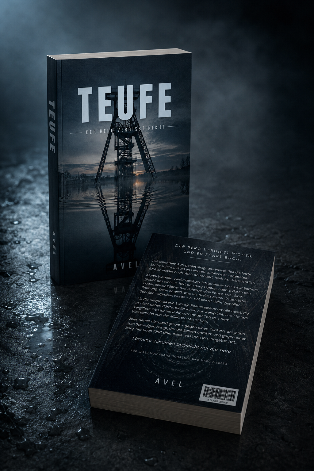 Cover von TEUFE – Der Berg vergisst nicht: ein Förderturm spiegelt sich bei Dämmerung im Wasser